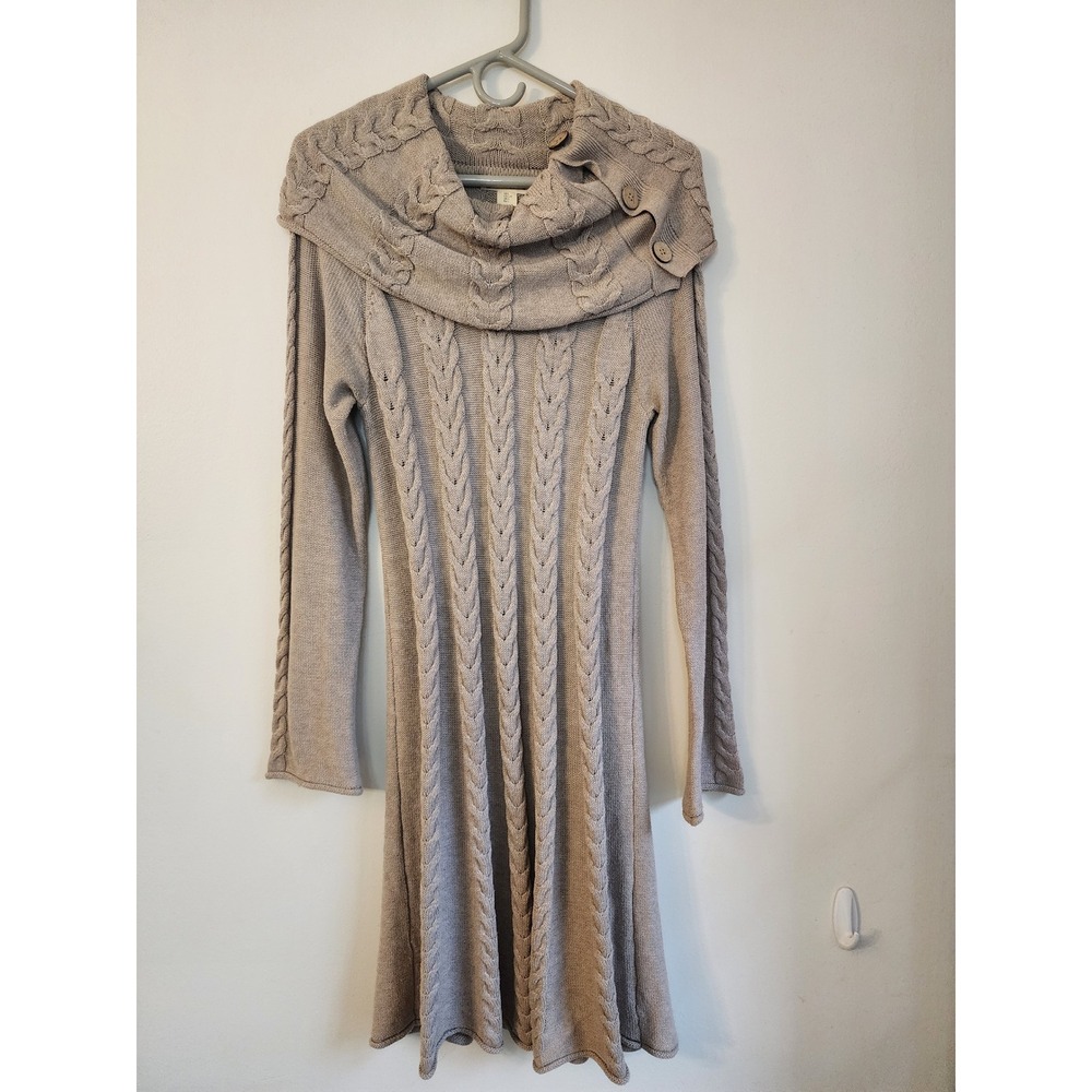Akini Chunky Cable Knit Cowl Neck Sweater Dress Button Accent Oatmeal Taupe L